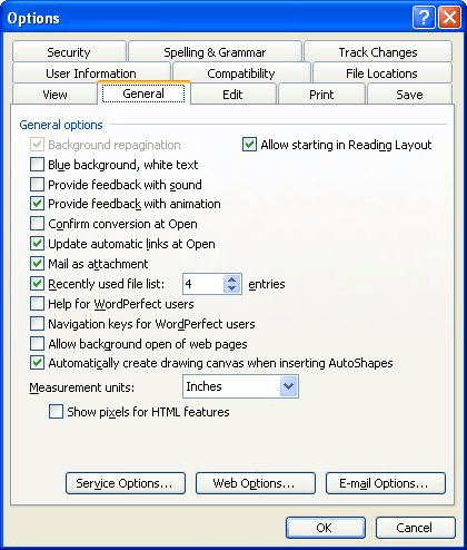 how to change word settings to inches