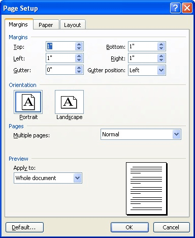 how to change default page layout in word 2010