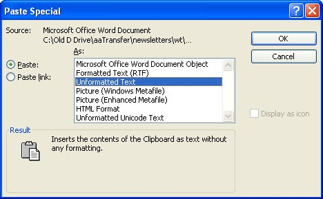 word document text box boxes paste special converting lists removing pasting plain default dialog figure menu tips