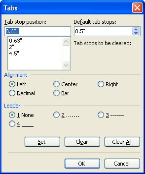 word set tab stops