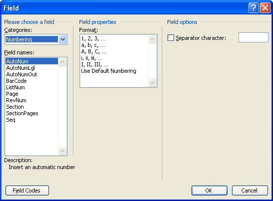 field codes in word for mac 2011