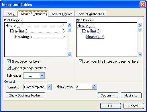 table of contents microsoft word