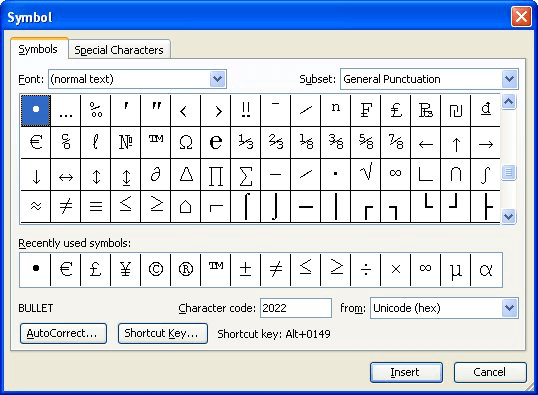 keyboard shortcut for bullet points word