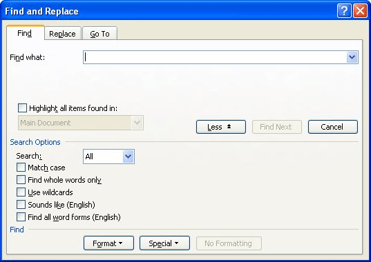microsoft word find and replace skip