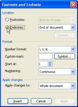 change footnote to endnote in word