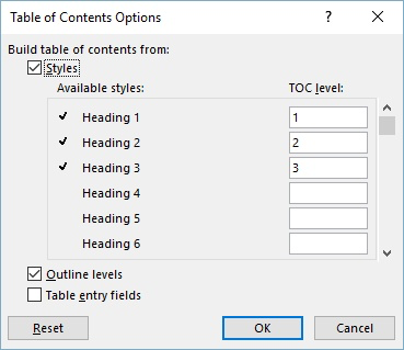 making a clickable table of contents in word