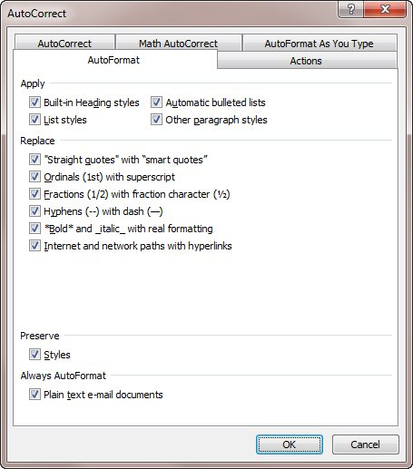 Specify how Outlook should correct and format your email messages