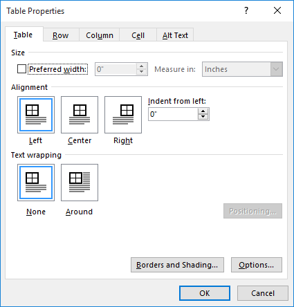 Indenting a Table (Microsoft Word)