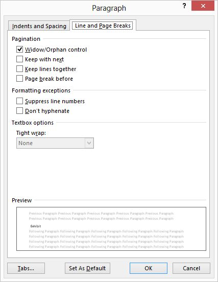 turn off widows and orphans in word 2010