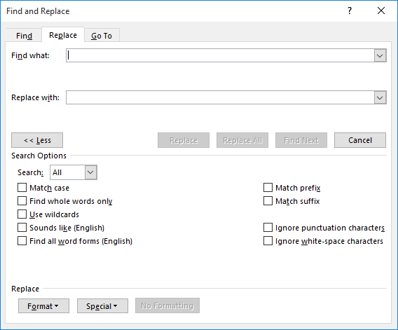 microsoft word find and replace goto tab