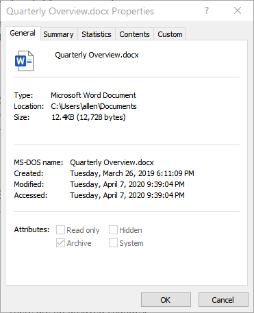 document properties word 2019 created by