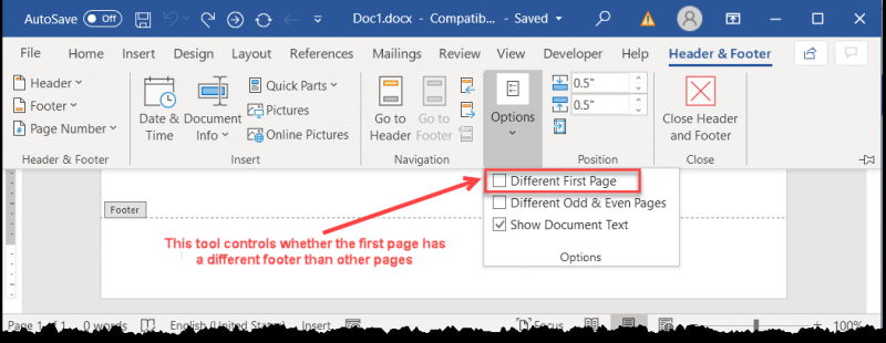 microsoft word heading on first page only