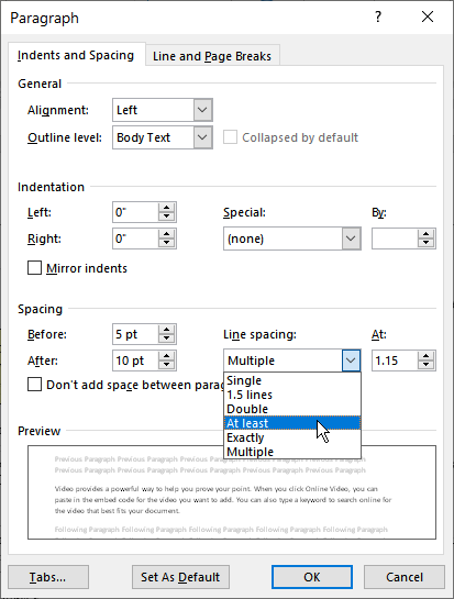 how to set paragraph spacing in word