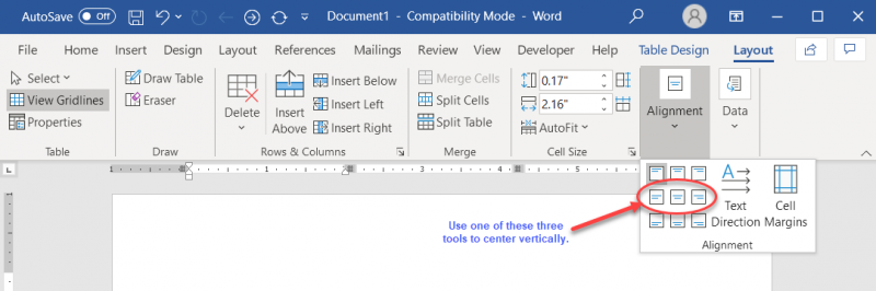 how to center text in word in table