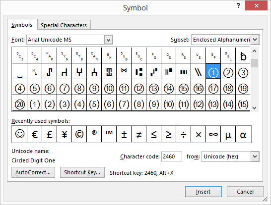 microsoft onenote insert symbol keyboard shortcut