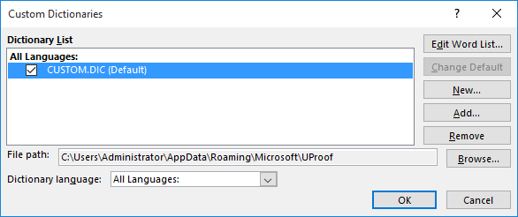 where is the custom dictionary in word stored