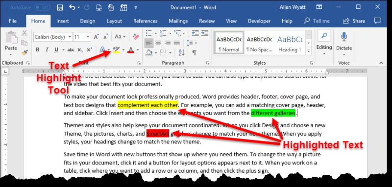 text is highlighted in word