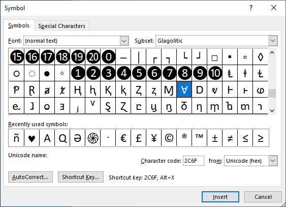 list of all microsoft word symbols