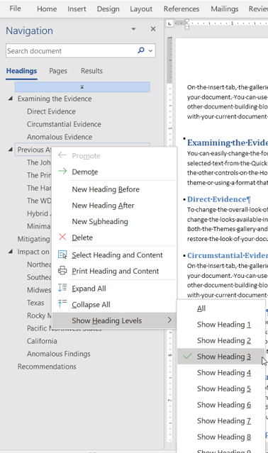 using navigation pane in word how do i promote and demote