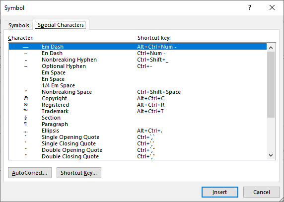 long dash for mac word 2016