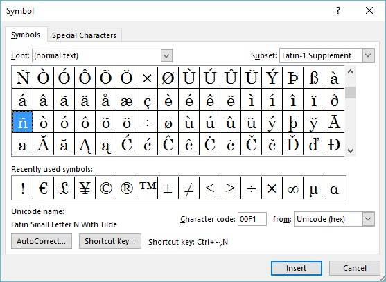 word shortcut keys for symbols