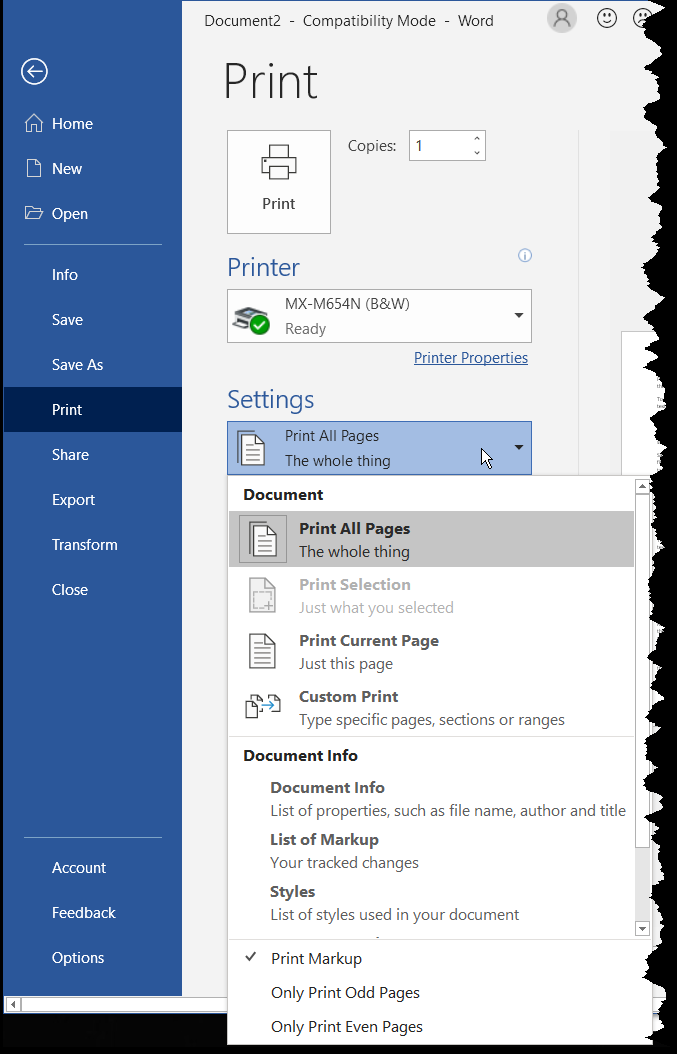 how to delete markup area in word office 365