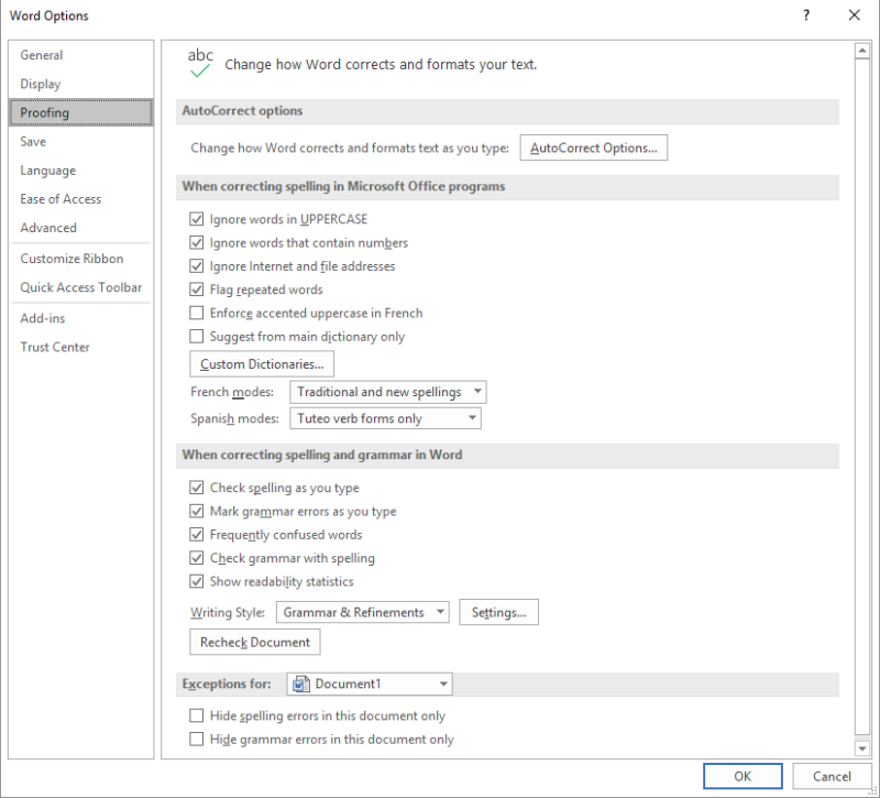 how to enable custom dictionary in word 2016