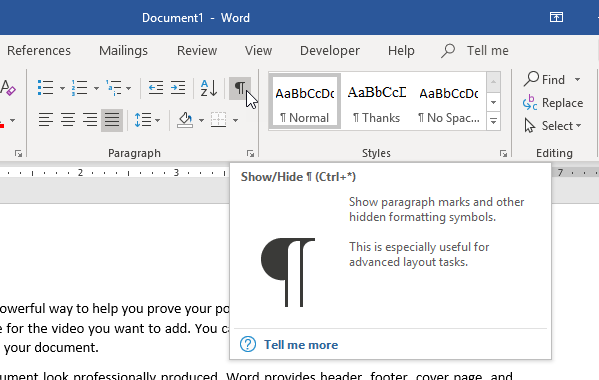 show hide symbols in word 2010