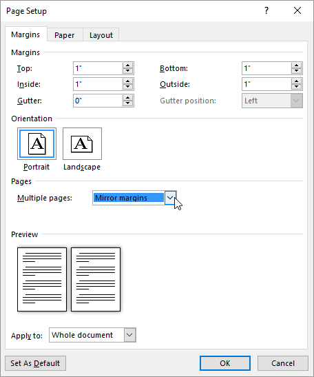 view top margin in word