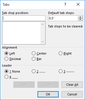microsoft word tab length