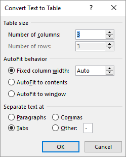 convert text to table word 2015