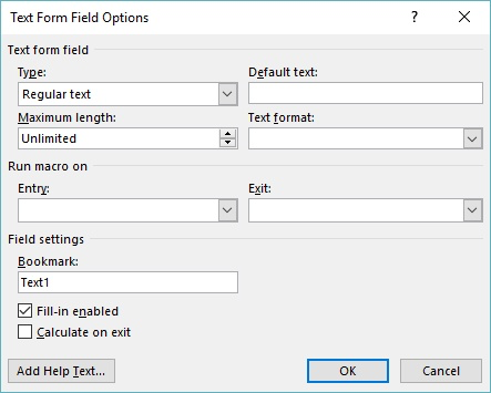 office word insert text form field