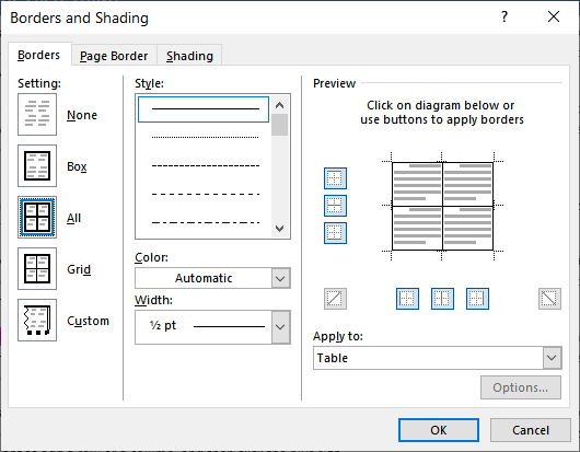 Table cell Border Double Line MS Word