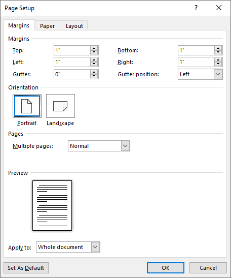 how to change default page layout in word 2016