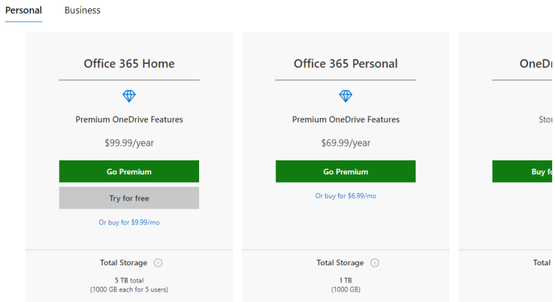 onedrive plans and pricing