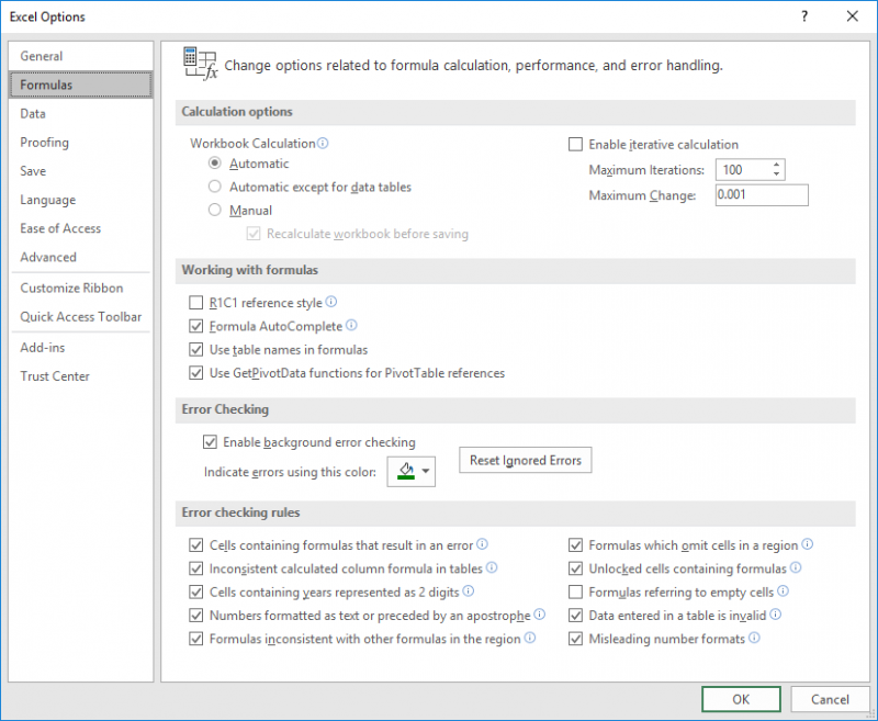 Turning Off Error Checking Microsoft Excel