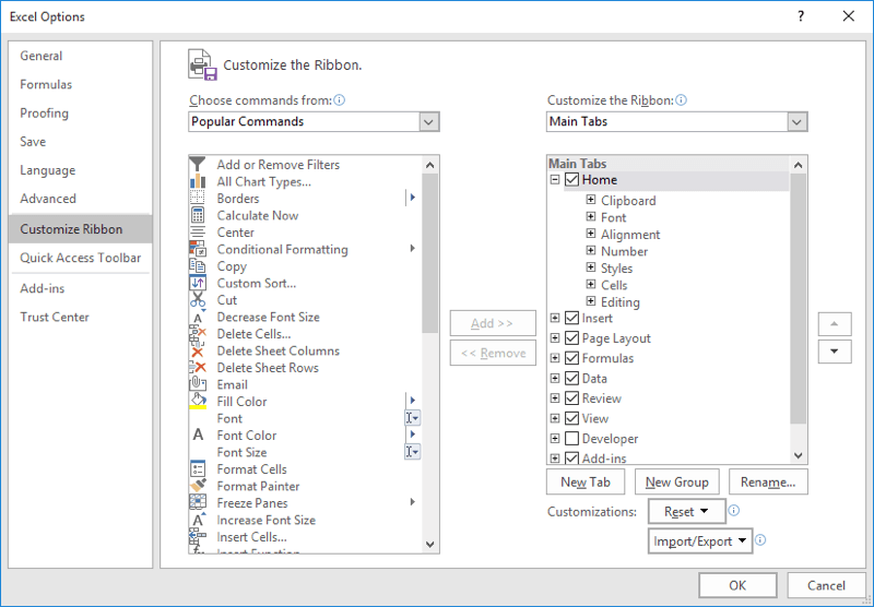 disable add ons excel 2016