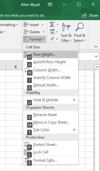 Sizing Columns and Rows Using the Keyboard Microsoft Excel