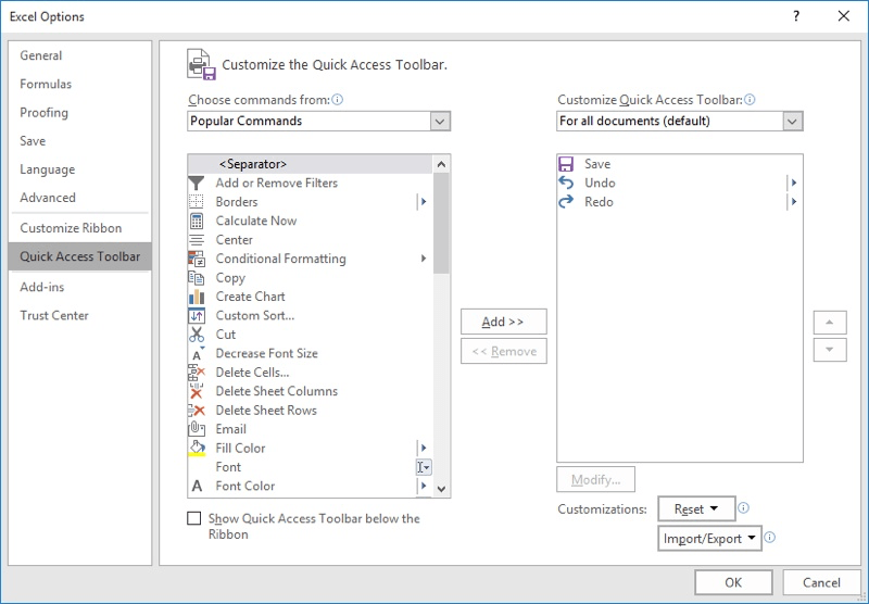 select visible cells excel 2016 quick access toolbar