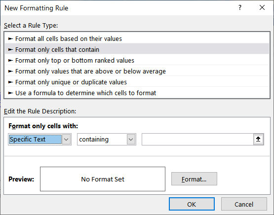 conditional formatting excel 2016 based on cell text