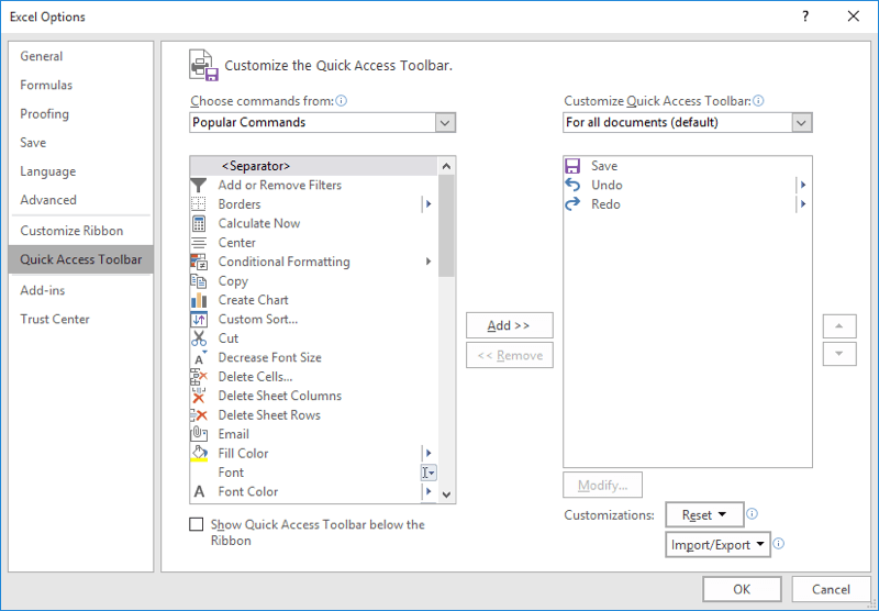 cannot customize quick access toolbar outlook